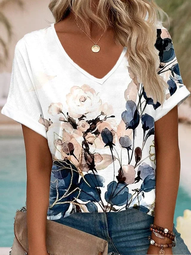 Women's T-shirt Floral Print V-Neck Short Sleeve Casual Top - image - 1