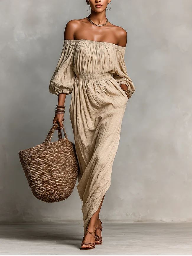 Women's Beige Textured Dress With Off-Shoulder Neckline & Ruched Waist, Timeless Boho-Chic Style Dress