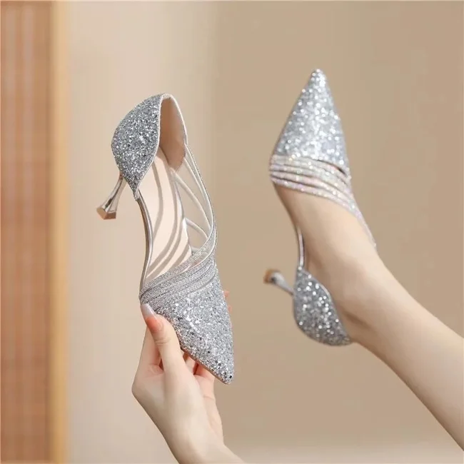 Sexy Pointed Toe Champagne Ladies High Heels New Shiny Crystal Wedding Bridal Shoes Simple and Elegant Women's Dress Shoes - image - 1