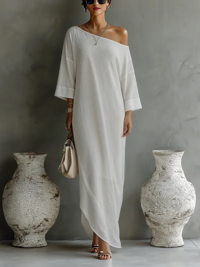 Women's Ivory White Cotton-Linen Blend One-Shoulder Flowing Elegant Dress MDA3032K4T