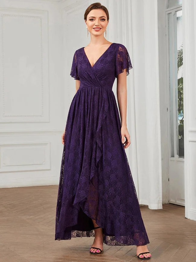 ever ELISE|Pleated V-Neck Lace Formal Evening Dress - image - 1