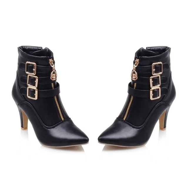 Soft Leather Triple Buckle Strap Pointed Toe Ankle Boots - image - 1