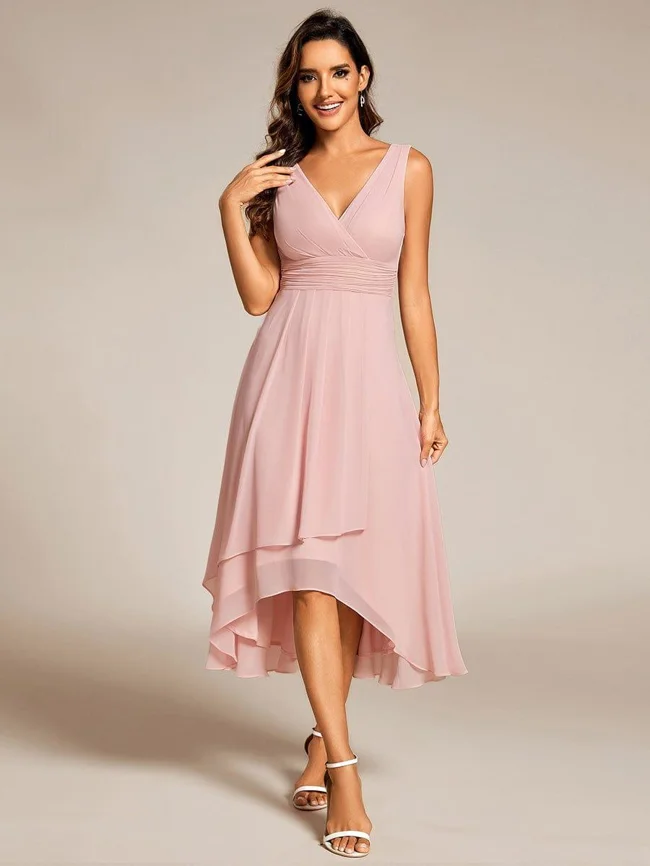 ever AUGUST|Chic V-Neck Pleated Sleeveless High-Low Chiffon Wedding Guest Dress
