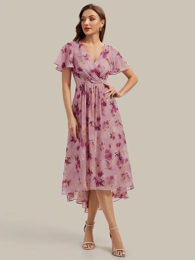 Printed Chiffon Ruffle Sleeve Wedding Guest Dress