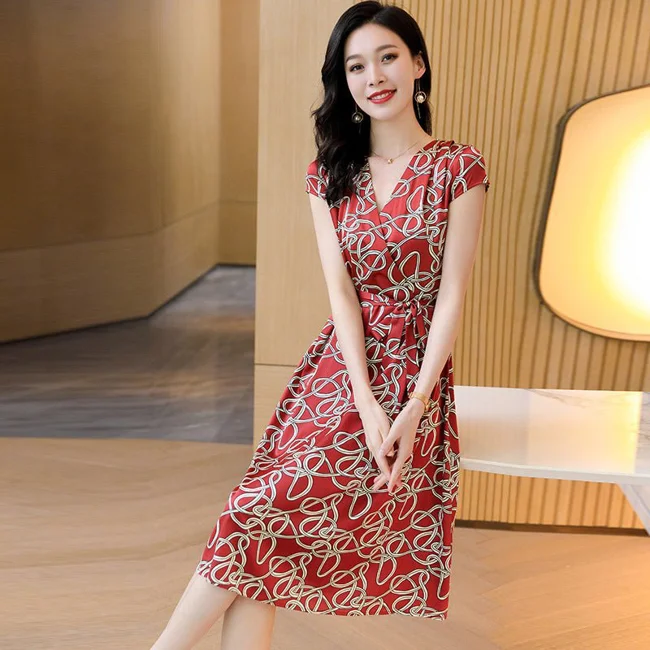 Womens Silk Wrap Dress V Neck Red Silk Dress Silk Summer Dress - image - 1