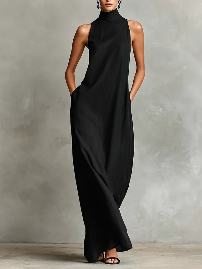 Women's Black Linen-Blend Maxi Dress With High Neck & Side Pockets, Timeless Minimalist Casual Dress MDZ2597D7LYL